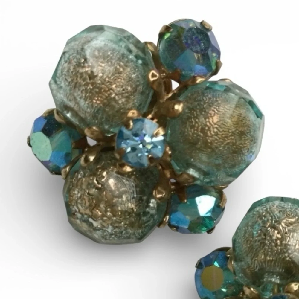 Reserved -Vintage Signed VOGUE Cluster Earrings Gold Tone, Blue & AB Rhinestones - Picture 6 of 12